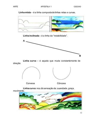 ARTE APOSTILA 1 CEESVO
Linha mista – é a linha compostade linhas retas e curvas.
Linha inclinada – é a linha da “instabilidade”.
A
B
Linha curva – é aquela que muda constantemente de
direção.
Convexa Côncava
Linha curva:nos dá sensação de: suavidade, graça,
movimento.
12
 