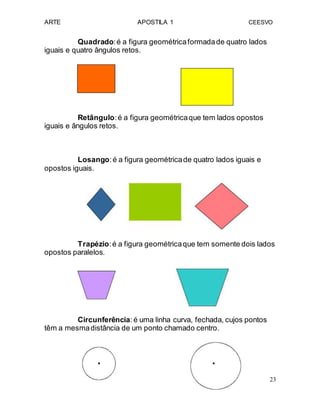 ARTE APOSTILA 1 CEESVO
Quadrado:é a figura geométricaformadade quatro lados
iguais e quatro ângulos retos.
Retângulo:é a figura geométricaque tem lados opostos
iguais e ângulos retos.
Losango:é a figura geométricade quatro lados iguais e
opostos iguais.
Trapézio:é a figura geométricaque tem somente dois lados
opostos paralelos.
Circunferência:é uma linha curva, fechada, cujos pontos
têm a mesmadistância de um ponto chamado centro.
. .
23
 