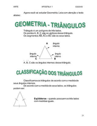 ARTE APOSTILA 1 CEESVO
Agora você vai estudar Geometria. Leia com atenção o texto
abaixo:
Triângulo é um polígono de três lados.
Os pontos A, B, C são os vértices desse triângulo.
Os segmentos AB,AC e BC são os seus lados.
A ângulo
interno
ângulo ângulo
interno interno
C B
^ ^ ^
A, B, C são os ângulos internos desse triângulo.
Classificamosos triângulos de acordo com a medidade
seus ângulos internos.
De acordo com a medida de seus lados, os triângulos
podem ser:
Eqüiláteros – quando possuem os três lados
com medidas iguais.
25
 