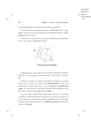 “principal1”
2009/8/19
page 34
Estilo OBMEP
34 ¥ CAP. 2: QUAL É A FORMA DA TERRA?
os dois hemisférios são igualmente iluminados e aquecidos.
No dia 21 de março começa para nós (no Hemisfério Sul) o ou-
tono, enquanto que para os habitantes do Hemisfério Norte é a pri-
mavera que tem início.
O dia 23 de setembro marca o começo da primavera no Hemisfério
Sul e o do outono no Hemisfério Norte.
Raios
Solares
N
S
Equador
21 de março e 23 de setembro
Vejamos agora o que acontece de setembro a dezembro no Hemis-
fério Sul, de acordo com o movimento que a Terra faz em torno do
Sol.
Durante esta época, os dias vão ficando mais longos e as noites
mais curtas, até que, por volta de 21 de dezembro, temos o dia
mais longo e a noite mais curta: é o que chamamos de solstício de
verão. A Terra inclina o Polo Sul na direção mais próxima do Sol.
Nesse dia, começa no Hemisfério Sul o verão.
O que se passa no Hemisfério Norte nessa época? Aí a situação
se inverte: os dias vão ficando mais curtos e as noites mais longas. A
21 de dezembro, os habitantes daquele hemisfério têm a noite mais
longa do ano e o dia mais curto: é o solstício de inverno. Para eles,
começa o inverno.
 