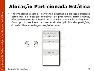 ArquiteturadeSistemasOperacionais–Machado/Maia
Gerência de Memória 20
Alocação Particionada Estática
• Fragmentação Interna - Tanto nos sistemas de alocação absoluta
como nos de alocação relocável, os programas, normalmente,
não preenchem totalmente as partições onde são carregados.
Esse tipo de problema, decorrente da alocação fixa das partições,
é conhecido como fragmentação interna.
M e m ó r i a P r i n c i p a l
S i s t e m a O p e r a c i o n a l
1 K b
3 K b
5 K b
P r o g r a m a C
P r o g r a m a A
P r o g r a m a E
BD
6 K b 4 K b
 