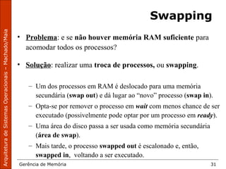 ArquiteturadeSistemasOperacionais–Machado/Maia
Gerência de Memória 31
Swapping
• Problema: e se não houver memória RAM suficiente para
acomodar todos os processos?
• Solução: realizar uma troca de processos, ou swapping.
– Um dos processos em RAM é deslocado para uma memória
secundária (swap out) e dá lugar ao “novo” processo (swap in).
– Opta-se por remover o processo em wait com menos chance de ser
executado (possivelmente pode optar por um processo em ready).
– Uma área do disco passa a ser usada como memória secundária
(área de swap).
– Mais tarde, o processo swapped out é escalonado e, então,
swapped in, voltando a ser executado.
 