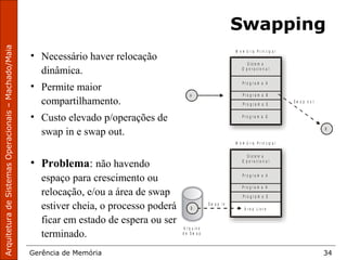 ArquiteturadeSistemasOperacionais–Machado/Maia
Gerência de Memória 34
Swapping
• Necessário haver relocação
dinâmica.
• Permite maior
compartilhamento.
• Custo elevado p/operações de
swap in e swap out.
• Problema: não havendo
espaço para crescimento ou
relocação, e/ou a área de swap
estiver cheia, o processo poderá
ficar em estado de espera ou ser
terminado.
M e m ó r i a P r i n c i p a l
M e m ó r i a P r i n c i p a l
S i s t e m a
O p e r a c i o n a l
S i s t e m a
O p e r a c i o n a l
P r o g r a m a A
P r o g r a m a A
P r o g r a m a G
Á r e a L i v r e
S w a p i n
S w a p o u t
A r q u i v o
d e S w a p
P r o g r a m a E
P r o g r a m a E
P r o g r a m a B
P r o g r a m a H
H
B
B
 