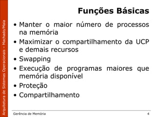 ArquiteturadeSistemasOperacionais–Machado/Maia
Gerência de Memória 4
Funções Básicas
• Manter o maior número de processos
na memória
• Maximizar o compartilhamento da UCP
e demais recursos
• Swapping
• Execução de programas maiores que
memória disponível
• Proteção
• Compartilhamento
 