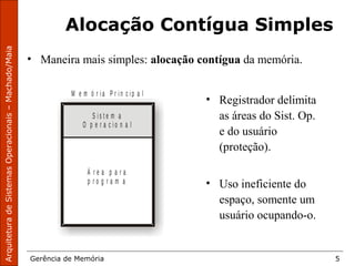 ArquiteturadeSistemasOperacionais–Machado/Maia
Gerência de Memória 5
Alocação Contígua Simples
M e m ó r i a P r i n c i p a l
S i s t e m a
O p e r a c i o n a l
Á r e a p a r a
p r o g r a m a
• Maneira mais simples: alocação contígua da memória.
• Registrador delimita
as áreas do Sist. Op.
e do usuário
(proteção).
• Uso ineficiente do
espaço, somente um
usuário ocupando-o.
 