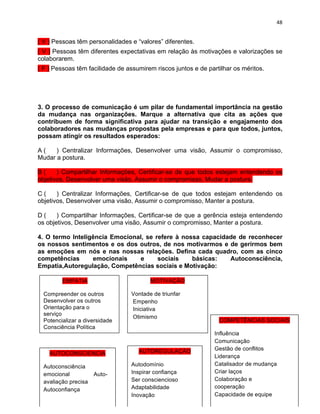48 
( V ) Pessoas têm personalidades e “valores” diferentes. 
( V ) Pessoas têm diferentes expectativas em relação às motivações e valorizações se 
colaborarem. 
( F ) Pessoas têm facilidade de assumirem riscos juntos e de partilhar os méritos. 
3. O processo de comunicação é um pilar de fundamental importância na gestão 
da mudança nas organizações. Marque a alternativa que cita as ações que 
contribuem de forma significativa para ajudar na transição e engajamento dos 
colaboradores nas mudanças propostas pela empresas e para que todos, juntos, 
possam atingir os resultados esperados: 
A ( ) Centralizar Informações, Desenvolver uma visão, Assumir o compromisso, 
Mudar a postura. 
B ( ) Compartilhar Informações, Certificar-se de que todos estejam entendendo os 
objetivos, Desenvolver uma visão, Assumir o compromisso, Mudar a postura. 
C ( ) Centralizar Informações, Certificar-se de que todos estejam entendendo os 
objetivos, Desenvolver uma visão, Assumir o compromisso, Manter a postura. 
D ( ) Compartilhar Informações, Certificar-se de que a gerência esteja entendendo 
os objetivos, Desenvolver uma visão, Assumir o compromisso, Manter a postura. 
4. O termo Inteligência Emocional, se refere à nossa capacidade de reconhecer 
os nossos sentimentos e os dos outros, de nos motivarmos e de gerirmos bem 
as emoções em nós e nas nossas relações. Defina cada quadro, com as cinco 
competências emocionais e sociais básicas: Autoconsciência, 
Empatia,Autoregulação, Competências sociais e Motivação: 
EMPATIA 
Compreender os outros 
Desenvolver os outros 
Orientação para o 
serviço 
Potencializar a diversidade 
Consciência Política 
MOTIVAÇÃO 
Vontade de triunfar 
Empenho 
Iniciativa 
Otimismo 
AUTOCONSCIENCIA 
Autoconsciência 
emocional Auto-avaliação 
precisa 
Autoconfiança 
AUTOREGULAÇÃO 
Autodomínio 
Inspirar confiança 
Ser consciencioso 
Adaptabilidade 
Inovação 
COMPETÊNCIAS SOCIAIS 
Influência 
Comunicação 
Gestão de conflitos 
Liderança 
Catalisador de mudança 
Criar laços 
Colaboração e 
cooperação 
Capacidade de equipe 
 