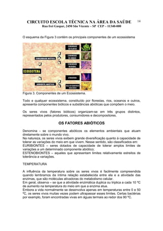CIRCUITO ESCOLA TÉCNICA NA ÁREA DA SAÚDE
Rua frei Gaspar, 2450 São Vicente – SP CEP – 11340-000
14
O esquema da Figura 3 contém os principais componentes de um ecossistema
Figura 3. Componentes de um Ecossistema.
Todo e qualquer ecossistema, constituído por florestas, rios, oceanos e outros,
apresenta componentes bióticos e substâncias abióticas que compõem o meio.
Os seres vivos (fatores bióticos) organizam-se em três grupos distintos,
representados pelos produtores, consumidores e decompositores.
OS FATORES ABIÓTICOS
Denomina - se componentes abióticos os elementos ambientais que atuam
diretamente sobre o mundo vivo.
Na natureza, os seres vivos exibem grande diversificação quanto à capacidade de
tolerar as variações do meio em que vivem. Nesse sentido, são classificados em:
EURIBIONTES – seres dotados de capacidade de tolerar amplos limites de
variações a um determinado componente abiótico;
ESTENOBIONTES – aqueles que apresentam limites relativamente estreitos de
tolerância a variações.
TEMPERATURA
A influência da temperatura sobre os seres vivos é facilmente compreendida
quando lembramos da íntima relação estabelecida entre ela e a atividade das
enzimas, que são moléculas ativadoras do metabolismo celular.
Em geral, observa – se que a atividade enzimática duplica ou triplica a cada 10 ºC
de aumento na temperatura do meio em que a enzima atua.
Embora a vida normalmente se desenvolva apenas em temperaturas entre 0 e 50
ºC, os seres vivos muitas vezes podem ultrapassar esses limites. Certas bactérias
por exemplo, foram encontradas vivas em águas termais ao redor dos 90 ºC.
 
