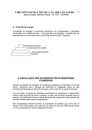 CIRCUITO ESCOLA TÉCNICA NA ÁREA DA SAÚDE
Rua frei Gaspar, 2450 São Vicente – SP CEP – 11340-000
32
3° - Pirâmide de energia
A pirâmide de energia é construída levando-se em consideração a biomassa
acumulada por unidade de área . A enregia não é acumulada , a medida que vai
passando de um consumidor para o outro ela vai diminuindo . Exemplo :
Consumidor terciário
Consumidor secundário
Consumidor primário
Produtor
A CIRCULAÇÃO DOS NUTRIENTES EM ECOSSISTEMAS
FLORESTAIS
Através de estudos de ciclagem de nutrientes realizados em florestas do mundo
inteiro, verifica-se que o estoque de nutrientes na vegetação acima do solo
aumenta das florestas de clima frio (boreais), para as de clima quente (tropicais).
Por outro lado, a massa de nutrientes acumulados na serapilheira e depositados
sobre o solo aumenta de forma contrária, ou seja, das florestas tropicais para as
boreais, principalmente devido à baixa atividade dos organismos decompositores,
que são inibidos pelas baixas temperaturas.
Num ecossistema florestal tropical, a quantidade de detritos que caem em 12
meses é de 10.500 kg/ha, dos quais 2/3, ou seja, em torno de 7000 kg são folhas
e 1/3 é constituído por ramos e pequenos troncos.
 