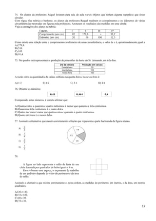 74. Os alunos da professora Raquel levaram para sala de aula vários objetos que tinham alguma superfície que fosse
circular.
Com régua, fita métrica e barbante, os alunos da professora Raquel mediram os comprimentos e os diâmetros de várias
circunferências mostradas em figuras pela professora. Anotaram os resultados das medidas em uma tabela:
Veja as anotações dos alunos na tabela:




Como existe uma relação entre o comprimento e o diâmetro de uma circunferência, o valor de x é, aproximadamente,igual a
A) 279,8.
B) 310.
C) 103.
D) 91,4.

75. No quadro está representada a produção de pimentões da horta do Sr. Armando, em três dias.




A razão entre as quantidades de caixas colhidas na quarta-feira e na sexta-feira é:

A) 1:3                     B) 1:2                     C) 3:1                     D) 2:1

76. Observe os números:



Comparando estes números, é correto afirmar que:

A) Quatrocentos e quarenta e quatro milésimos é menor que quarenta e três centésimos.
B) Quarenta e três centésimos é o maior deles.
C) Quatro décimos é maior que quatrocentos e quarenta e quatro milésimos.
D) Quatro décimos é o menor deles.

77. Assinale a alternativa que mostra corretamente a fração que representa a parte hachurada da figura abaixo.




78.


         A figura ao lado representa o salão de festa de um
      clube formada por quadrados de lados iguais a 6 m.
         Para reformar esse espaço, o orçamento do trabalho
      de um pedreiro depende do valor do perímetro e da área
      do salão.

Assinale a alternativa que mostra corretamente e, nesta ordem, as medidas do perímetro, em metros, e da área, em metros
quadrados.

A) 36 e 180.
B) 72 e 180.
C) 48 e 30.
D) 72 e 36.

                                                                                                                    33
 
