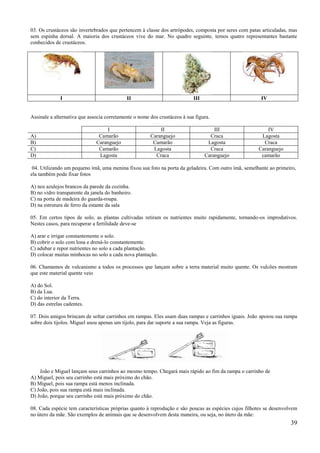 03. Os crustáceos são invertebrados que pertencem à classe dos artrópodes, composta por seres com patas articuladas, mas
sem espinha dorsal. A maioria dos crustáceos vive do mar. No quadro seguinte, temos quatro representantes bastante
conhecidos de crustáceos.




              I                             II                             III                         IV


Assinale a alternativa que associa corretamente o nome dos crustáceos à sua figura.

                                   I                       II                        III                  IV
A)                             Camarão                 Caranguejo                  Craca               Lagosta
B)                            Caranguejo                Camarão                   Lagosta               Craca
C)                             Camarão                  Lagosta                    Craca              Caranguejo
D)                             Lagosta                   Craca                   Caranguejo            camarão

 04. Utilizando um pequeno ímã, uma menina fixou sua foto na porta da geladeira. Com outro ímã, semelhante ao primeiro,
ela também pode fixar fotos

A) nos azulejos brancos da parede da cozinha.
B) no vidro transparente da janela do banheiro.
C) na porta de madeira do guarda-roupa.
D) na estrutura de ferro da estante da sala

05. Em certos tipos de solo, as plantas cultivadas retiram os nutrientes muito rapidamente, tornando-os improdutivos.
Nestes casos, para recuperar a fertilidade deve-se

A) arar e irrigar constantemente o solo.
B) cobrir o solo com lona e drená-lo constantemente.
C) adubar e repor nutrientes no solo a cada plantação.
D) colocar muitas minhocas no solo a cada nova plantação.

06. Chamamos de vulcanismo a todos os processos que lançam sobre a terra material muito quente. Os vulcões mostram
que este material quente veio

A) do Sol.
B) da Lua.
C) do interior da Terra.
D) das estrelas cadentes.

07. Dois amigos brincam de soltar carrinhos em rampas. Eles usam duas rampas e carrinhos iguais. João apoiou sua rampa
sobre dois tijolos. Miguel usou apenas um tijolo, para dar suporte a sua rampa. Veja as figuras.




    João e Miguel lançam seus carrinhos ao mesmo tempo. Chegará mais rápido ao fim da rampa o carrinho de
A) Miguel, pois seu carrinho está mais próximo do chão.
B) Miguel, pois sua rampa está menos inclinada.
C) João, pois sua rampa está mais inclinada.
D) João, porque seu carrinho está mais próximo do chão.

08. Cada espécie tem características próprias quanto à reprodução e são poucas as espécies cujos filhotes se desenvolvem
no útero da mãe. São exemplos de animais que se desenvolvem desta maneira, ou seja, no útero da mãe:
                                                                                                                     39
 