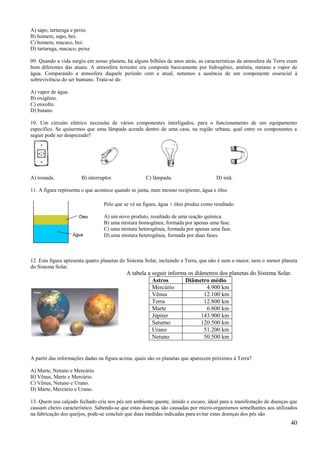 A) sapo, tartaruga e peixe.
B) homem, sapo, boi.
C) homem, macaco, boi.
D) tartaruga, macaco, peixe

09. Quando a vida surgiu em nosso planeta, há alguns bilhões de anos atrás, as características da atmosfera da Terra eram
bem diferentes das atuais. A atmosfera terrestre era composta basicamente por hidrogênio, amônia, metano e vapor de
água. Comparando a atmosfera daquele período com a atual, notamos a ausência de um componente essencial à
sobrevivência do ser humano. Trata-se do

A) vapor de água.
B) oxigênio.
C) enxofre.
D) butano.

10. Um circuito elétrico necessita de vários componentes interligados, para o funcionamento de um equipamento
específico. Se quisermos que uma lâmpada acenda dentro de uma casa, na região urbana, qual entre os componentes a
seguir pode ser desprezado?




A) tomada.             B) interruptor.              C) lâmpada.                     D) ímã.

11. A figura representa o que acontece quando se junta, num mesmo recipiente, água e óleo.

                                 Pelo que se vê na figura, água + óleo produz como resultado

                                 A) um novo produto, resultado de uma reação química.
                                 B) uma mistura homogênea, formada por apenas uma fase.
                                 C) uma mistura heterogênea, formada por apenas uma fase.
                                 D) uma mistura heterogênea, formada por duas fases.



12. Esta figura apresenta quatro planetas do Sistema Solar, incluindo a Terra, que não é nem o maior, nem o menor planeta
do Sistema Solar.
                                           A tabela a seguir informa os diâmetros dos planetas do Sistema Solar.
                                                      Astros        Diâmetro médio
                                                      Mercúrio               4.900 km
                                                      Vênus                 12.100 km
                                                      Terra                 12.800 km
                                                      Marte                  6.800 km
                                                      Júpiter              143.900 km
                                                      Saturno              120.500 km
                                                      Urano                 51.200 km
                                                      Netuno                50.500 km


A partir das informações dadas na figura acima, quais são os planetas que aparecem próximos à Terra?

A) Marte, Netuno e Mercúrio.
B) Vênus, Marte e Mercúrio.
C) Vênus, Netuno e Urano.
D) Marte, Mercúrio e Urano.

13. Quem usa calçado fechado cria nos pés um ambiente quente, úmido e escuro, ideal para a manifestação de doenças que
causam cheiro característico. Sabendo-se que estas doenças são causadas por micro-organismos semelhantes aos utilizados
na fabricação dos queijos, pode-se concluir que duas medidas indicadas para evitar estas doenças dos pés são
                                                                                                                      40
 