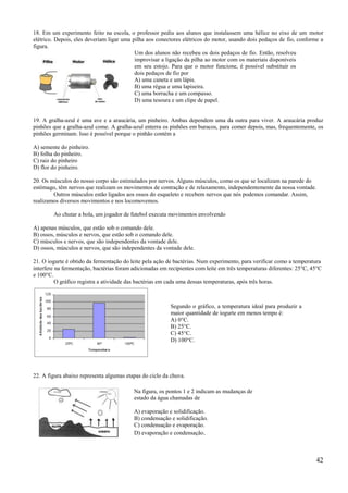 18. Em um experimento feito na escola, o professor pediu aos alunos que instalassem uma hélice no eixo de um motor
elétrico. Depois, eles deveriam ligar uma pilha aos conectores elétricos do motor, usando dois pedaços de fio, conforme a
figura.
                                           Um dos alunos não recebeu os dois pedaços de fio. Então, resolveu
                                           improvisar a ligação da pilha ao motor com os materiais disponíveis
                                           em seu estojo. Para que o motor funcione, é possível substituir os
                                           dois pedaços de fio por
                                           A) uma caneta e um lápis.
                                           B) uma régua e uma lapiseira.
                                           C) uma borracha e um compasso.
                                           D) uma tesoura e um clipe de papel.


19. A gralha-azul é uma ave e a araucária, um pinheiro. Ambas dependem uma da outra para viver. A araucária produz
pinhões que a gralha-azul come. A gralha-azul enterra os pinhões em buracos, para comer depois, mas, frequentemente, os
pinhões germinam. Isso é possível porque o pinhão contém a

A) semente do pinheiro.
B) folha do pinheiro.
C) raiz do pinheiro
D) flor do pinheiro.

20. Os músculos do nosso corpo são estimulados por nervos. Alguns músculos, como os que se localizam na parede do
estômago, têm nervos que realizam os movimentos de contração e de relaxamento, independentemente da nossa vontade.
        Outros músculos estão ligados aos ossos do esqueleto e recebem nervos que nós podemos comandar. Assim,
realizamos diversos movimentos e nos locomovemos.

        Ao chutar a bola, um jogador de futebol executa movimentos envolvendo

A) apenas músculos, que estão sob o comando dele.
B) ossos, músculos e nervos, que estão sob o comando dele.
C) músculos e nervos, que são independentes da vontade dele.
D) ossos, músculos e nervos, que são independentes da vontade dele.

21. O iogurte é obtido da fermentação do leite pela ação de bactérias. Num experimento, para verificar como a temperatura
interfere na fermentação, bactérias foram adicionadas em recipientes com leite em três temperaturas diferentes: 25°C, 45°C
e 100°C.
          O gráfico registra a atividade das bactérias em cada uma dessas temperaturas, após três horas.



                                                          Segundo o gráfico, a temperatura ideal para produzir a
                                                          maior quantidade de iogurte em menos tempo é:
                                                          A) 0°C.
                                                          B) 25°C.
                                                          C) 45°C.
                                                          D) 100°C.




22. A figura abaixo representa algumas etapas do ciclo da chuva.

                                          Na figura, os pontos 1 e 2 indicam as mudanças de
                                          estado da água chamadas de

                                          A) evaporação e solidificação.
                                          B) condensação e solidificação.
                                          C) condensação e evaporação.
                                          D) evaporação e condensação.



                                                                                                                       42
 
