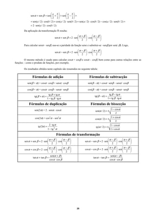 a b           a b
              sen α + sen β = sen +  + sen −  =
                                    2 2            2 2
              = sen(a / 2) ⋅ cos(b / 2) + cos(a / 2) ⋅ sen(b / 2) + sen( a / 2) ⋅ cos(b / 2) − cos(a / 2) ⋅ sen(b / 2) =
              = 2 ⋅ sen( a / 2) ⋅ cos(b / 2)

        Da aplicação da transformação T resulta:

                                                                 α + β       α − β 
                                          sen α + sen β = 2 ⋅ sen       ⋅ cos      
                                                                  2           2 
        Para calcular senα – senβ, usa-se a paridade da função seno e substitui-se –senβ por sen(–β). Logo,

                                                                 α − β       α + β 
                                          sen α − sen β = 2 ⋅ sen       ⋅ cos      
                                                                  2           2 
        O mesmo método é usado para calcular cosα + cosβ e cosα – cosβ, bem como para outras relações entre as
funções – como o produto de funções, por exemplo.

        Os resultados obtidos neste capítulo são resumidos no seguinte tabela:


               Fórmulas de adição                                              Fórmulas de subtracção
           sen(β + α) = cosα · cosβ + senα · cosβ                             sen(β – α) = cosα · senβ – senα · cosβ

           cos(β + α) = cosα · cosβ – senα · senβ                             cos(β – α) = cosα · cosβ – senα · senβ
                                    tg β + tg α                                                        tg β − tg α
                  tg( β + α ) =                                                      tg( β − α ) =
                                  1 − tg β ⋅ tg α                                                    1 + tg β ⋅ tg α

            Fórmulas de duplicação                                               Fórmulas de bissecção
                  sen(2α) = 2 . senα . cosα                                                              1 − cos α
                                                                                      sen(α / 2) = ±
                                                                                                             2
                  cos(2α) = cos2α – sen2α                                                                1 + cos α
                                                                                      cos(α / 2) = ±
                                                                                                             2
                                    2 ⋅ tg α                                                            1 − cos α
                      tg (2α ) =                                                       tg (α / 2) = ±
                                   1 − tg 2 α                                                           1 + cos α

                                               Fórmulas de transformação
                               α + β       α − β                                             α − β        α         +β
        sen α + sen β = 2 ⋅ sen       ⋅ cos                           sen α − sen β = 2 ⋅ sen       ⋅ cos             
                                2           2                                                 2                     2 
                               α + β        α − β                                            α + β        α         −β
        cos α + cos β = 2 ⋅ cos        ⋅ cos                          cos α − cos β = 2 ⋅ sen       ⋅ sen             
                                2            2                                                 2                    2 
                                  sen(α + β )                                                            sen(α − β )
                tan α + tan β =                                                     tan α − tan β =
                                 cos α ⋅ cos β                                                          cos α ⋅ cos β




                                                                 29
 