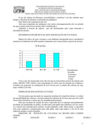 UNIVERSIDADE FEDERAL DO PARANÁ
SETOR DE CIÊNCIAS AGRÁRIAS
DEPT. FITOTECNIA E FITOSSANITARISMO
DISCIPLINA AGRICULTURA GERAL (AF001)
PROFS. OSWALDO TERUYO IDO E RICARDO AUGUSTO DE OLIVEIRA
11
O uso de culturas de diferentes suscetibilidade a moléstias é um dos métodos mais
antigos e eficientes de diminuir a infestação por patógenos.
Dois fatores são responsáveis por isto
1)há uma competição dos patógenos com outros microrganismosdo solo no período
em que a cultura sensível aos mesmos não é estabelecida e,
2)diminui o numero de esporos que são disseminados pelo vento, baixando a
densidade de inóculo.
RENDIMENTO DO MILHO E DA SOJA SOB ROTAÇÃO DE CULTURAS
Depois do cultivo de soja e tremoço e sem adubação nitrogenada houve considerável
aumento no rendimento do milho quando comparado com a monocultura e pousio de inverno.
R .M ton/ha
0
1
2
3
4
5
6
7
M.P.M. M.T.M. S.T.M. R-rendimento
M-milho
T-trremoço
. P-pousio
S-soja
Com a soja são alcançcados mais altos do que na monocultura através da rotação com
milho. MUZILI (1981 )obteve, num experimento de vários anos de duração em Londrina e
Caranbei um acréscimo no rendimento de 0,33 ton./ha com a rotação das culturas de soja,
trigo e milho (2,56 t/ha)
MODELOS DE ROTAÇÃO DE CULTURAS
Um dos pontos que não pode ser esquecido em plano de rotação de cultura, é a ordem
da suscetibilidade das culturas e um bom manejo de cobertura de inverno, para que esta venha
trazer efeitos benéficos a cultura que for instalada posteriormente.
Para que um plano de rotação de certo o agricultor deve se planejar antecipadamente
dividindo sua propriedade em glébas, escolher para cada gléba uma cobertura e ter em .mente
se a mesma será utilizada para semente, ou para adubação verde. Desta forma, o agricultor
terá como seqüência a programação para cada gléba, onde cada espécie é um elo de uma
cadeia de atitudes a serem formadas.
ESQUEMA DE ROTAÇÃO DE CULTURAS NA REGIÃO DOS CAMPOS
GERAIS
ANO ESTAÇÃO GLÉBA 1 GLÉBA 2 GLÉBA 3
 