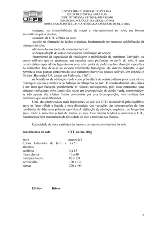 UNIVERSIDADE FEDERAL DO PARANÁ
SETOR DE CIÊNCIAS AGRÁRIAS
DEPT. FITOTECNIA E FITOSSANITARISMO
DISCIPLINA AGRICULTURA GERAL (AF001)
PROFS. OSWALDO TERUYO IDO E RICARDO AUGUSTO DE OLIVEIRA
15
-aumento na disponibilidade de macro e micronutrientes no solo, em formas
assimiláveis pelas plantas;
-aumento da CTC efetiva do solo;
-auxilio na formação de ácidos orgânicos, fundamentais no processo solubilização de
minerais do solo;
-diminuição nos teores de alumínio trocavél;
-elevação do pH do solo e consequente diminuição da acidez;
-incremento da capacidade de reciclagem e mobilização de nutrientes lixiviados ou
pouco solúveis que se encontram em camadas mais profundas no perfil do solo, é uma
característica especial das leguminosas o seu alto poder de mobilização e absorção especifica
de nutrientes. Isso deve-se ao elevado rendimento fisiológico do sistema radicular, o que
permite a estas plantas extraírem do solo elementos nutritivos poucos solúveis, em especial o
fósforo (Hermida,1954, citado por Malavolta, 1967 ).
os benefícios da adubação verde como pré-cultura de outros cultivos principais não se
restringem apenas à melhoria do balanço do nitrogênio no solo. O aprofundamento das raízes
é um fator que favocerá grandemente as culturas subsequentes, pois estas estenderão seus
sistemas radiculares pelos canais das raízes em decomposição do adubo verde, aproveitando-
se não apenas dos efeitos físicos provocados por esta decomposiçào, mas também dos
nutrientes que serão liberados.
Uma das propriedades mais importantes do solo é a CTC, responsável pelo equilíbrio
entre as fases sólida e liquida e pela diminuição das variações das concentrações de íons
resultantes de diferentes práticas agrícolas. A utilização de adubação orgânica , ao longo dos
anos, tende a aumentar o teor de húmus no solo. Esse húmus tenderá a aumentar a CTC,
fundamental para manutenção da fertilidade do solo e nutrição das plantas.
Capacidade de troca catiônica do húmus e de outros constituintes do solo
.
constituintes do solo CTC em me/100g
areia
óxidos hidratados de ferro e
alumínio
menos de 1
3 a 5
caolinita 3 a 15
ilita e clorita 10 a 40
montmorilonita 80 a 120
vermiculita 100 a 150
húmus 200 a 400
Efeitos físicos
 