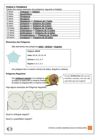 OTÁVIO LUCIANO CAMARGO SALES DE MAGALHÃES 222
Polígono: ABCDE
Lados: AB, BC, CD, DE, AE
Vértices: A, B, C, D, E
Ângulos: A, B, C, D, E
(existem outras notações para ângulos, pesquise sobre
isto)
Perceba que, o número de lados, vértices e ângulos são
iguais.
A
B
CD
E
A
B
CD
E
Eu sou o Ornitorrinco. Sim, sou um
mamífero estranho, mas isto não
quer dizer que sou irregular!
PRIMAS E PIRÂMIDES
Tabela dos nomes especiais dos polígonos, segundo a tradição:
3 lados Triângulo ou trilátero
4 lados Quadrilátero
5 lados Pentágono
6 lados Hexágono
7 lados Heptágono ou Polígono de 7 lados
8 lados Octógono ou Polígono de 8 lados
9 lados Eneágono ou Polígono de 9 lados
10 lados Decágono ou Polígono de 10 lados
11 lados Undecágono ou Polígono de 11 lados
12 lados Dodecágono ou Polígono de 12 lados
15 lados Pentadecágono ou Polígono de 15 lados
20 lados Icoságono ou Polígono de 20 lados
Elementos dos Polígonos
São elementos dos polígonos lados, vértices e ângulos.
Um polígono tem o mesmo número de lados, ângulos e vértices.
Polígonos Regulares
Um polígono regular é um polígono que:
a) todos os lados têm a mesma medida
b) todos os ângulos têm a mesma medida
Veja alguns exemplos de Polígonos regulares:
Qual é o triângulo regular?
Qual é o quadrilátero regular?
 