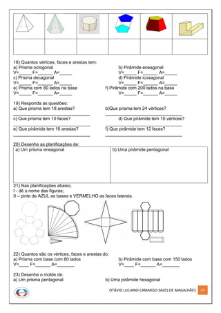 OTÁVIO LUCIANO CAMARGO SALES DE MAGALHÃES 252
18) Quantos vértices, faces e arestas tem:
a) Prisma octogonal b) Pirâmide eneagonal
V=_____ F=______ A=_____ V=_____ F=______ A=_____
c) Prisma decagonal d) Pirâmide icosagonal
V=_____ F=______ A=_____ V=_____ F=______ A=_____
e) Prisma com 80 lados na base f) Pirâmide com 200 lados na base
V=_____ F=______ A=_____ V=_____ F=______ A=_____
19) Responda as questões:
a) Que prisma tem 18 arestas? b)Que prisma tem 24 vértices?
_______________________________ _______________________________
c) Que prisma tem 10 faces? d) Que pirâmide tem 10 vértices?
_______________________________ _______________________________
e) Que pirâmide tem 18 arestas? f) Que pirâmide tem 12 faces?
_______________________________ _______________________________
20) Desenhe as planificações de:
a) Um prisma eneagonal b) Uma pirâmide pentagonal
21) Nas planificações abaixo,
I - dê o nome das figuras;
II – pinte de AZUL as bases e VERMELHO as faces laterais.
22) Quantos são os vértices, faces e arestas do:
a) Prisma com base com 80 lados b) Pirâmide com base com 150 lados
V=____ F=______ A=_______ V=____ F=______ A=_______
23) Desenhe o molde de:
a) Um prisma pentagonal b) Uma pirâmide hexagonal
 