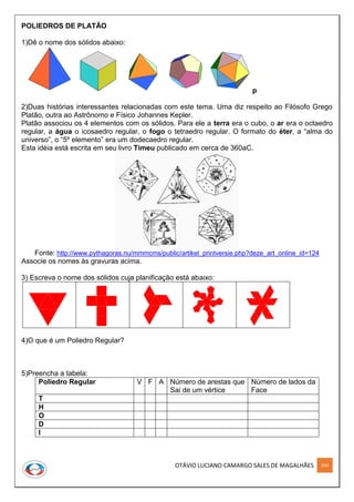OTÁVIO LUCIANO CAMARGO SALES DE MAGALHÃES 254
POLIEDROS DE PLATÃO
1)Dê o nome dos sólidos abaixo:
p
2)Duas histórias interessantes relacionadas com este tema. Uma diz respeito ao Filósofo Grego
Platão, outra ao Astrônomo e Físico Johannes Kepler.
Platão associou os 4 elementos com os sólidos. Para ele a terra era o cubo, o ar era o octaedro
regular, a água o icosaedro regular, o fogo o tetraedro regular. O formato do éter, a “alma do
universo”, o “5º elemento” era um dodecaedro regular.
Esta idéia está escrita em seu livro Timeu publicado em cerca de 360aC.
Fonte: http://www.pythagoras.nu/mmmcms/public/artikel_printversie.php?deze_art_online_id=124
Associe os nomes às gravuras acima.
3) Escreva o nome dos sólidos cuja planificação está abaixo:
4)O que é um Poliedro Regular?
5)Preencha a tabela:
Poliedro Regular V F A Número de arestas que
Sai de um vértice
Número de lados da
Face
T
H
O
D
I
 
