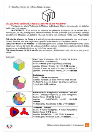 OTÁVIO LUCIANO CAMARGO SALES DE MAGALHÃES 256
6) Calcule o número de vértices, faces e arestas:
CALCULANDO VÉRTICES, FACES E ARESTAS DE UM POLIEDRO
Você pode ler o livro “Poliedros de Platão e os Dedos da Mão”, e compreender em detalhes
as técnicas que usamos.
IMPORTANTE: Esta técnica só funciona em poliedros em que todos os vértices tem o
mesmo grau, ou seja, deles parte o mesmo número de arestas, e também que cada aresta pertença
a exatamente 2 faces de um poliedro. (Ou seja, funciona com sólidos de Platão ou de Arquimedes).
Cálculo do Número de Faces – A estratégia que descreveremos depende que você conte o
número de faces, inclusive, registrando quando faces de cada tipo o poliedro possui.
Cálculo do Número de Arestas – Cada aresta pertence a 2 faces exatamente (divisória). Então,
pegamos o número de faces de cada quantidade de lados e multiplicamos pelo número de lados,
somamos e o resultado dividimos por dois (veja o exemplo).
Cálculo do Número de Vértices – Fazemos o mesmo cálculo acima, mas, dividimos pelo grau do
vértice.
Exemplos:
Cubo (aqui é só contar, não é preciso da técnica,
mas faremos como exemplo)
Faces: 6 faces quadrangulares (quadradas)
Arestas: 6 faces x 4 lados = 24; 242=12 arestas
Vértices: 6 faces x 4 lados = 24; grau dos vértices: 3
(partem 3 arestas de cada vértice); 243=8 vértices
Dodecaedro
Faces: 12 faces pentagonais
Arestas: 12 faces x 5 lados = 60; 602=30 arestas
Vértices: 12 faces x 5 lados = 60; grau dos vértices:
3 (g=3); 603=20 vértices.
Poliedro Bola, Buckyball ou Icosaedro Truncado
Faces: 12 faces pentagonais, 20 faces hexagonais;
total de faces: 12+20=32 faces
Arestas: 12x5+20x6=60+120=180; 1802=90
arestas
Vértices: grau dos vértices: 3; 1803=60 vértices
Tetraedro Truncado
Faces: 4 faces hexagonais, 4 faces triangulares;
total de faces: 4+4=8 faces
Arestas: 4x6+4x3=24+12=36; 362=18 arestas
Vértices: grau do vértice: 3; 183=6 arestas
 