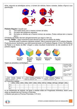 OTÁVIO LUCIANO CAMARGO SALES DE MAGALHÃES 257
Ache, segundo as estratégias acima, o número de vértices, faces e arestas, dadas a figura e sua
planificação
Poliedro Regular é aquele que:
(i) Tem todas faces com o mesmo número de lados.
(ii) Os lados são polígonos regulares.
(iii) De todos os vértices sai o mesmo número de arestas. (Todos vértices tem o mesmo
grau.)
O Poliedro de Platão não tem obrigatoriamente que seguir o item (ii).
Iniciais: THODI – regra mnemônica para decorar quais são os sólidos de platão.
Somente estes 5 poliedros regulares existem. Não é possível existir um 5º poliedro Regular.
Podemos provar, facilmente, que não é possível existir um 6º poliedro Regular. O livro “Os Poliedros
de Platão e os Dedos da Mão” chegam a estes resultado fundamental, da não existência do 5º
poliedro regular.
Vejam os conceitos e simbologias:
Considere então:
Prisma Piramidal
Triangular – PP3
Prisma Piradimal
Quadrangular –
PP4
Prisma Piramidal
N-agonal – PPn
* Prisma Piramidal Triangular (ou
Pirâmide Triangular Alongada ou
Sólido de Johnson 7 – J7)
* Prisma Piramidal Quadrangular (ou
Pirâmide Quadrangular Alongada ou
Sólido de Johnson 8 – J8)
* Prisma Piramidal Pentagonal (ou
Pirâmide Pentagonal Alongada ou
Sólido de Johnson 9 – J9)
a) Preencha a tabela:
PP3 PP4 PP5 PP6 PP7 PP8 PP9 PP10 PP89 PP144 PP387 PPn
V
F
A
b) As seqüências de vértices, de faces e arestas estão em Progressão Aritmética, assim como
estão as seqüências de Prismas e Pirâmides.
c) Mostre que para os Prismas Piramidais, V+F-A=2.
 