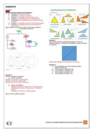 OTÁVIO LUCIANO CAMARGO SALES DE MAGALHÃES 266
GABARITO
Questão 1
Defina:
DEFINIR TEM UM SIGNIFICADO PRÓPRIO!!!!
h) Triângulo é o polígono de 3 lados.
i) Quadrilátero é o polígono de 4 lados.
j) Losango é o quadrilátero que tem 4 lados iguais.
k) Retângulo é o quadrilátero que tem 4 ângulos retos.
l) Paralelogramo é o quadrilátero que tem 2 pares de lados
paralelos
m) Trapézio é o quadrilátero que tem 1 par de lados paralelos
n) Quadrado é o quadrilátero que tem 4 lados iguais e 4
ângulos retos.
Agora desenhe um exemplo de cada uma das figuras definidas.
Questão 2
Como eu classifico os triângulos:
c) Quanto aos lados?
Equilátero: se ele tiver os 3 lados iguais
Isósceles: se ele tiver 2 lados iguais
Escaleno: se não tiver nenhum lado igual
d) Quanto aos ângulos?
Retângulo: se ele tiver 1 ângulo reto + 2 ângulos agudos
Obtusângulo: se ele tiver 1 ângulo obtuso + 2 ângulos
agudos
Acutângulo: se ele tiver os 3 ângulos agudo
(Dê os nomes e explique os tipos)
Questão 3
Se eu dobrar uma folha quadrada pela diagonal, eu terei um
triângulo retângulo_ e isósceles. (Classifique-o quanto aos lados e
aos ângulos).
ESSE É UM TRIÂNGULO RETÂNGULO ISÓSCELES
Questão 4
f) Qual quadrilátero é ao mesmo tempo losango e
retângulo?Quadrado
g) Todo quadrado é retângulo? SIM
h) Todo retângulo é quadrado? NÃO
i) Todo losango é quadrado?NÃO
j) Todo quadrado é losango? SIM
 