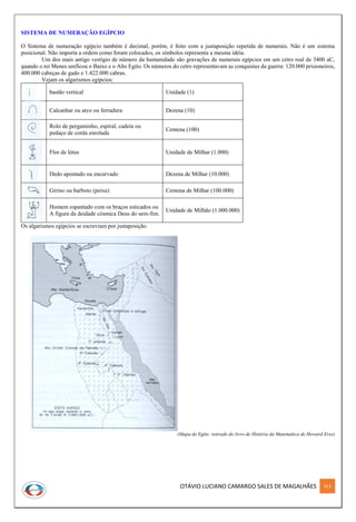 OTÁVIO LUCIANO CAMARGO SALES DE MAGALHÃES 313
SISTEMA DE NUMERAÇÃO EGÍPCIO
O Sistema de numeração egípcio também é decimal, porém, é feito com a justaposição repetida de numerais. Não é um sistema
posicional. Não importa a ordem como foram colocados, os símbolos representa a mesma idéia.
Um dos mais antigo vestígio de número da humanidade são gravações de numerais egípcios em um cetro real de 3400 aC,
quando o rei Menes unificou o Baixo e o Alto Egito. Os números do cetro representavam as conquistas da guerra: 120.000 prisioneiros,
400.000 cabeças de gado e 1.422.000 cabras.
Vejam os algarismos egípcios:
bastão vertical Unidade (1)
Calcanhar ou arco ou ferradura Dezena (10)
Rolo de pergaminho, espiral, cadeia ou
pedaço de corda enrolada
Centena (100)
Flor de lótus Unidade de Milhar (1.000)
Dedo apontado ou encurvado Dezena de Milhar (10.000)
Girino ou barboto (peixe) Centena de Milhar (100.000)
Homem espantado com os braços esticados ou
A figura da deidade cósmica Deus do sem-fim.
Unidade de Milhão (1.000.000)
Os algarismos egípcios se escreviam por justaposição.
(Mapa do Egito retirado do livro de História da Matemática de Howard Eves)
 