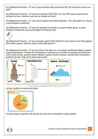 OTÁVIO LUCIANO CAMARGO SALES DE MAGALHÃES 51
21) (Material do Positivo – 6º ano) O que significa dizer que temos 50% de chance de vencer um
jogo?
22) (Material do Positivo – 6º ano) Ana Júlia tem R$ 40,00 e vai usar 50% dessa quantia para
comprar um livro. Quantos reais ela vai receber de troco?
23) (Material do Positivo – 6º ano) Numa cidade de 20.000 habitantes, 14% não sabem ler. Qual é
a porcentagem de leitores?
24) (Material do Positivo – 6º ano) Um losango foi dividido em quatro partes iguais. A parte
pintada corresponde a que porcentagem do losango todo
25) (Material do Positivo – 6º ano) Jonathan gastou R$ 120,00 em uma livraria e seu irmão gastou
30% dessa quantia. Quantos reais o irmão dele gastou?:
26) (Material do Positivo – 6º ano) O artista Toby Ng criou um projeto envolvendo design e dados
superinteressantes. “A aldeia de 100 pessoas” consiste em uma série de cartazes que informam,
entre outras coisas, quantos seriam adultos, quantos seriam crianças, quantos têm computador,
quantos não tem. Veja como seria esse mundo
a)Veja o gráfico de setores da idade:
Construa agora os gráficos de setores de quem tem computador e água potável.
 