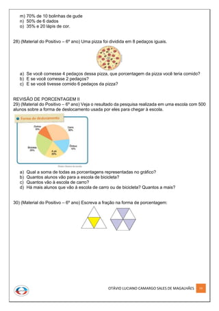 OTÁVIO LUCIANO CAMARGO SALES DE MAGALHÃES 53
m) 70% de 10 bolinhas de gude
n) 50% de 6 dados
o) 35% e 20 lápis de cor.
28) (Material do Positivo – 6º ano) Uma pizza foi dividida em 8 pedaços iguais.
a) Se você comesse 4 pedaços dessa pizza, que porcentagem da pizza você teria comido?
b) E se você comesse 2 pedaços?
c) E se você tivesse comido 6 pedaços da pizza?
REVISÃO DE PORCENTAGEM II
29) (Material do Positivo – 6º ano) Veja o resultado da pesquisa realizada em uma escola com 500
alunos sobre a forma de deslocamento usada por eles para chegar à escola.
a) Qual a soma de todas as porcentagens representadas no gráfico?
b) Quantos alunos vão para a escola de bicicleta?
c) Quantos vão à escola de carro?
d) Há mais alunos que vão à escola de carro ou de bicicleta? Quantos a mais?
30) (Material do Positivo – 6º ano) Escreva a fração na forma de porcentagem:
 
