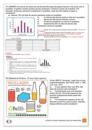 OTÁVIO LUCIANO CAMARGO SALES DE MAGALHÃES 54
31) (OBMEP) Os alunos do sexto ano da Escola Municipal Quixajuba fizeram uma prova com 5
questões. O gráfico mostra quantos alunos acertaram o mesmo número de questões. Por
exemplo, 30 alunos acertaram exatamente 4 questões. Qual das afirmações a seguir é
verdadeira?
a) Apenas 10% do total de alunos acertaram todas as questões.
b) A maioria dos alunos acertou mais de 2 questões.
c) Menos de 200 alunos fizeram a prova.
d) 40 alunos acertaram ao menos 4 questões.
e) Exatamente 20% do total de alunos não
resolveram nenhuma questão.
a) Apenas 10% do total de alunos acertaram todas as questões. 10% de 210 =
21. ERRADA
b) A maioria dos alunos acertou mais de 2 questões. Maioria = mais de 50%.
100 acertaram mais de 2 (ou seja, quem acertou 3, 4 ou 5 questões). ERRADO
c)Menos de 200 alunos fizeram a prova. ERRADO
d) 40 alunos acertaram ao menos 4 questões. 4 ou 5 questões. 30+20=50
alunos. ERRADO
Exatamente 20% do total de alunos não resolveram nenhuma questão. 20% de 210 = 42. ERRADA.
0 acertos 20
1 acerto 30
2 acertos 60
3 acertos 50
4 acertos 30
5 acertos 20
TOTAL 210 ALUNOS
ATENÇÃO:
O gráfico estava ERRADO. Veja a resolução.
32) (Material do Positivo – 6º ano) Veja a gravura:
Fonte: BRITO, Fernando. Jogar fora no lixo.
Superinteressante. São Paulo: Abril, n. 289,
p.34, mar. 2011.
a) O que significa dizer que 90% das
latas de alumínio são recicladas?
b) Considerando que uma empresa
produz de lixo 120 kg de papel por dia,
quantos quilogramas desse papel são
reciclados?
c) Um condomínio separou do lixo 30
latinhas de alumínio para reciclar. Quantas
dessas latinhas serão recicladas?
 