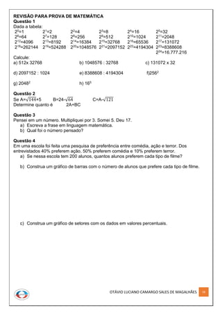 OTÁVIO LUCIANO CAMARGO SALES DE MAGALHÃES 58
REVISÃO PARA PROVA DE MATEMÁTICA
Questão 1
Dada a tabela:
20=1 21=2 22=4 23=8 24=16 25=32
26=64 27=128 28=256 29=512 210=1024 211=2048
212=4096 213=8192 214=16384 215=32768 216=65536 217=131072
218=262144 219=524288 220=1048576 221=2097152 222=4194304 223=8388608
224=16.777.216
Calcule:
a) 512x 32768 b) 1048576 : 32768 c) 131072 x 32
d) 2097152 : 1024 e) 8388608 : 4194304 f)2562
g) 20482 h) 165
Questão 2
Se A=√144+5 B=24-√64 C=A-√121
Determine quanto é 2A+BC
Questão 3
Pensei em um número. Multipliquei por 3. Somei 5. Deu 17.
a) Escreva a frase em linguagem matemática.
b) Qual foi o número pensado?
Questão 4
Em uma escola foi feita uma pesquisa de preferência entre comédia, ação e terror. Dos
entrevistados 40% preferem ação, 50% preferem comédia e 10% preferem terror.
a) Se nessa escola tem 200 alunos, quantos alunos preferem cada tipo de filme?
b) Construa um gráfico de barras com o número de alunos que prefere cada tipo de filme.
c) Construa um gráfico de setores com os dados em valores percentuais.
 