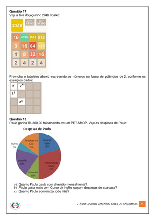 OTÁVIO LUCIANO CAMARGO SALES DE MAGALHÃES 61
Questão 17
Veja a tela do joguinho 2048 abaixo:
Preencha o tabuleiro abaixo escrevendo os números na forma de potências de 2, conforme os
exemplos dados:
Questão 18
Paulo ganha R$ 800,00 trabalhando em um PET-SHOP. Veja as despesas de Paulo:
a) Quanto Paulo gasta com diversão mensalmente?
b) Paulo gasta mais com Curso de Inglês ou com despesas de sua casa?
c) Quanto Paulo economiza todo mês?
 