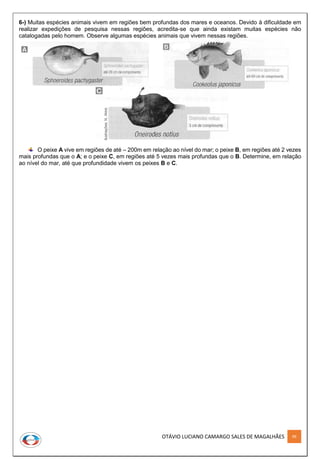 OTÁVIO LUCIANO CAMARGO SALES DE MAGALHÃES 99
6-) Muitas espécies animais vivem em regiões bem profundas dos mares e oceanos. Devido à dificuldade em
realizar expedições de pesquisa nessas regiões, acredita-se que ainda existam muitas espécies não
catalogadas pelo homem. Observe algumas espécies animais que vivem nessas regiões.
O peixe A vive em regiões de até – 200m em relação ao nível do mar; o peixe B, em regiões até 2 vezes
mais profundas que o A; e o peixe C, em regiões até 5 vezes mais profundas que o B. Determine, em relação
ao nível do mar, até que profundidade vivem os peixes B e C.
 