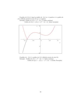O gráﬁco de |f (x)| é igual ao gráﬁco de f (x) se x é positivo e é o gráﬁco de
f (x) reﬂetido através do eixo Ox se x é negativo
    Exemplo: Gráﬁco de f (x) = x3 − 2x + 4 (linha contínua)
                                         ¯            ¯
             Gráﬁco de h(x) = |f (x)| = ¯x3 − 2x + 4¯ (linha tracejada)

                                  y   10




                                       5




                                       0
           -2.5           -1.25             0          1.25           2.5

                                                                            x


                                       -5




                                      -10



   O gráﬁco de −f (x) é o gráﬁco de f (x) reﬂetido através do eixo Ox
   Exemplo: Gráﬁco de f (x) = x3 − 2x + 4 (linha contínua)
               Gráﬁco de g(x) = −f (x) = −x3 + 2x − 4 (Linha Tracejada)




                                        43
 