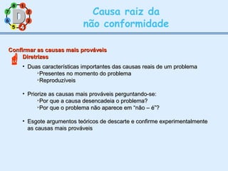 11
77
55
33
22
88
66
44
Causa raiz da
não conformidade

44
Confirmar as causas mais prováveisConfirmar as causas mais prováveis
DiretrizesDiretrizes
• Duas características importantes das causas reais de um problemaDuas características importantes das causas reais de um problema

Presentes no momento do problemaPresentes no momento do problema

ReproduzíveisReproduzíveis
• Priorize as causas mais prováveis perguntando-se:Priorize as causas mais prováveis perguntando-se:

Por que a causa desencadeia o problema?Por que a causa desencadeia o problema?

Por que o problema não aparece em “não – é”?Por que o problema não aparece em “não – é”?
• Esgote argumentos teóricos de descarte e confirme experimentalmenteEsgote argumentos teóricos de descarte e confirme experimentalmente
as causas mais prováveisas causas mais prováveis
 