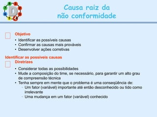 2
8 1
7
6 3
Causa raiz da
não conformidade
Objetivo
• Identificar as possíveis causas
• Confirmar as causas mais prováveis
• Desenvolver ações corretivas
Diretrizes
• Considerar todas as possibilidades
• Mude a composição do time, se necessário, para garantir um alto grau
de compreensão técnica
• Tenha sempre em mente que o problema é uma conseqüência de:


Um fator (variável) importante até então desconhecido ou tido como
irrelevante
Uma mudança em um fator (variável) conhecido
5 4
4
Identificar as possíveis causas
 