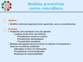 2
8 1
6 3
5 4
Medidas preventivas
contra reincidência
Objetivo
• Modificar sistemas organizacionais e gerencias, usos ou procedimentos
Diretrizes
• Problemas não acontecem mas são gerados
Localizar ponto fraco nos sistemas
-Procedimento errado ou confuso
-Procedimento desrespeitado
-Procedimento inexistente
• Medidas abrangentes devem envolver os clientes e fornecedores e
observar os sistemas existentes
Alterações no fluxo de informações
Procedimento novos/modificados
Mudanças de responsabilidade
7
7
 