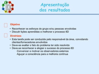 1
2
7
6 3
5 4
Apresentação
dos resultados
Objetivo
• Reconhecer os esforços do grupo e/ou pessoas envolvidas
• Discutir lições aprendidas e melhorar o processo 8D
Diretrizes
• Esta tarefa pode ser conduzida pelo responsável da área, convidando
clientes/fornecedores envolvidos
• Deve-se exaltar o fato do problema ter sido resolvido
• Deve-se reconhecer e elogiar o sucesso do processo 8D
Convencer e motivar os observadores externos
Aguçar a consciência para a melhoria contínua
8
8
 