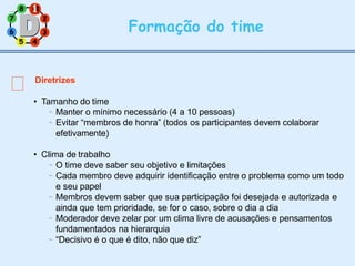 3
2
Formação do time


Manter o mínimo necessário (4 a 10 pessoas)
Evitar “membros de honra” (todos os participantes devem colaborar
efetivamente)
• Clima de trabalho





O time deve saber seu objetivo e limitações
Cada membro deve adquirir identificação entre o problema como um todo
e seu papel
Membros devem saber que sua participação foi desejada e autorizada e
ainda que tem prioridade, se for o caso, sobre o dia a dia
Moderador deve zelar por um clima livre de acusações e pensamentos
fundamentados na hierarquia
“Decisivo é o que é dito, não que diz”
8 1
1
7
6
5 4
Diretrizes
• Tamanho do time
 