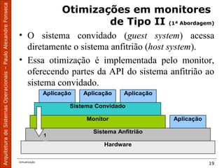 ArquiteturadeSistemasOperacionais–PauloAlexandreFonseca
Virtualização
19
Otimizações em monitores
de Tipo II (1ª Abordagem)
• O sistema convidado (guest system) acessa
diretamente o sistema anfitrião (host system).
• Essa otimização é implementada pelo monitor,
oferecendo partes da API do sistema anfitrião ao
sistema convidado.
Hardware
Sistema Anfitrião
AplicaçãoMonitor
Sistema Convidado
Aplicação Aplicação
1
Aplicação
 