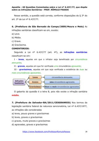 Apostila - 60 Questões Comentadas sobre a Lei nº 6.437/77, que dispõe
sobre as Infrações Sanitárias - PROF. RÔMULO PASSOS
https://www.facebook.com/ProfessorRomuloPassos 28
Nesse sentido, a questão está correta, conforme disposições do § 3º do
art. 2º da Lei nº 6.437/77.
6. (Prefeitura de São Bernado do Campo/2009/Moura e Melo) As
infrações sanitárias classificam-se em, exceto:
a) Leve.
b) Média.
c) Grave.
d) Gravíssima.
COMENTÁRIOS:
Segundo a Lei nº 6.437/77 (art. 4º), as infrações sanitárias
classificam-se em:
I - leves, aquelas em que o infrator seja beneficiado por circunstância
atenuante;
II - graves, aquelas em que for verificada uma circunstância agravante;
III - gravíssimas, aquelas em que seja verificada a existência de duas ou
mais circunstâncias agravantes.
O gabarito da questão é a letra B, pois não existe a infração sanitária
média.
7. (Prefeitura de Salvador-BA/2011/CESGRANRIO) Nos termos da
legislação sanitária federal de natureza sancionatória, Lei nº 6.437/1977,
as infrações são consideradas
a) leves, pouco graves e gravíssimas
b) leves, graves e gravíssimas
c) graves, muito graves e gravíssimas
d) agravadas, graves e gravíssimas
Infrações
Sanitárias
Leves circunstância atenuante;
Graves uma circunstância agravante;
Gravíssimas duas ou mais circunstâncias agravantes;
 