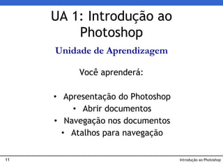 11
UA 1: Introdução ao
Photoshop
Você aprenderá:
• Apresentação do Photoshop
• Abrir documentos
• Navegação nos documentos
• Atalhos para navegação
Introdução ao Photoshop
Unidade de Aprendizagem
 