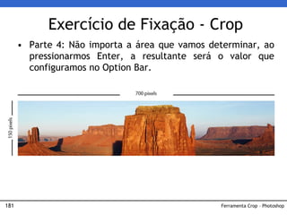 181
Exercício de Fixação - Crop
• Parte 4: Não importa a área que vamos determinar, ao
pressionarmos Enter, a resultante será o valor que
configuramos no Option Bar.
Ferramenta Crop – Photoshop
 