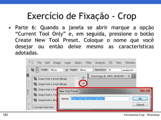 183
Exercício de Fixação - Crop
• Parte 6: Quando a janela se abrir marque a opção
“Current Tool Only” e, em seguida, pressione o botão
Create New Tool Preset. Coloque o nome que você
desejar ou então deixe mesmo as características
adotadas.
Ferramenta Crop – Photoshop
 