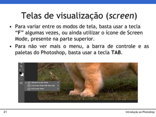 21
• Para variar entre os modos de tela, basta usar a tecla
“F” algumas vezes, ou ainda utilizar o ícone de Screen
Mode, presente na parte superior.
• Para não ver mais o menu, a barra de controle e as
paletas do Photoshop, basta usar a tecla TAB.
Telas de visualização (screen)
Introdução ao Photoshop
 