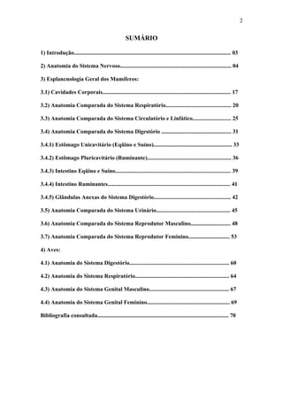 2


                                                      SUMÁRIO

1) Introdução.............................................................................................................. 03

2) Anatomia do Sistema Nervoso.............................................................................. 04

3) Esplancnologia Geral dos Mamíferos:

3.1) Cavidades Corporais.......................................................................................... 17

3.2) Anatomia Comparada do Sistema Respiratório.............................................. 20

3.3) Anatomia Comparada do Sistema Circulatório e Linfático........................... 25

3.4) Anatomia Comparada do Sistema Digestório ................................................. 31

3.4.1) Estômago Unicavitário (Eqüino e Suíno)....................................................... 33

3.4.2) Estômago Pluricavitário (Ruminante)........................................................... 36

3.4.3) Intestino Eqüino e Suíno................................................................................. 39

3.4.4) Intestino Ruminantes...................................................................................... 41

3.4.5) Glândulas Anexas do Sistema Digestório...................................................... 42

3.5) Anatomia Comparada do Sistema Urinário.................................................... 45

3.6) Anatomia Comparada do Sistema Reprodutor Masculino............................ 48

3.7) Anatomia Comparada do Sistema Reprodutor Feminino............................. 53

4) Aves:

4.1) Anatomia do Sistema Digestório...................................................................... 60

4.2) Anatomia do Sistema Respiratório.................................................................. 64

4.3) Anatomia do Sistema Genital Masculino........................................................ 67

4.4) Anatomia do Sistema Genital Feminino.......................................................... 69

Bibliografia consultada............................................................................................ 70
 