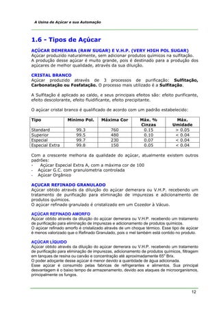 A Usina de Açúcar e sua Automação




1.6 - Tipos de Açúcar
AÇÚCAR DEMERARA (RAW SUGAR) E V.H.P. (VERY HIGH POL SUGAR)
Açúcar produzido naturalmente, sem adicionar produtos químicos na sulfitação.
A produção desse açúcar é muito grande, pois é destinado para a produção dos
açúcares de melhor qualidade, através da sua diluição.

CRISTAL BRANCO
Açúcar produzido através de 3 processos de purificação: Sulfitação,
Carbonatação ou Fosfatação. O processo mais utilizado é a Sulfitação.

A Sulfitação é aplicado ao caldo, e seus principais efeitos são: efeito purificante,
efeito descolorante, efeito fluidificante, efeito precipitante.

O açúcar cristal branco é qualificado de acordo com um padrão estabelecido:

Tipo               Mínimo Pol.       Máxima Cor           Máx. %             Máx.
                                                          Cinzas            Umidade
Standard                99.3              760              0.15              > 0.05
Superior                99.5              480              0.10              < 0.04
Especial                99.7              230              0.07              < 0.04
Especial Extra          99.8              150              0.05              < 0.04

Com a crescente melhoria da qualidade do açúcar, atualmente existem outros
padrões:
-   Açúcar Especial Extra A, com a máxima cor de 100
- Açúcar G.C. com granulometria controlada
- Açúcar Orgânico

AÇUCAR REFINADO GRANULADO
Açúcar obtido através da diluição do açúcar demerara ou V.H.P. recebendo um
tratamento de purificação para eliminação de impurezas e adicionamento de
produtos químicos.
O açúcar refinado granulado é cristalizado em um Cozedor à Vácuo.

AÇÚCAR REFINADO AMORFO
Açúcar obtido através da diluição do açúcar demerara ou V.H.P. recebendo um tratamento
de purificação para eliminação de impurezas e adicionamento de produtos químicos.
O açúcar refinado amorfo é cristalizado através de um choque térmico. Esse tipo de açúcar
é menos valorizado que o Refinado Granulado, pois o mel também está contido no produto.

AÇÚCAR LÍQUIDO
Açúcar obtido através da diluição do açúcar demerara ou V.H.P. recebendo um tratamento
de purificação para eliminação de impurezas, adicionamento de produtos químicos, filtragem
em tanques de resina ou carvão e concentração até aproximadamente 65o Brix.
O poder adoçante desse açúcar é menor devido a quantidade de água adicionada.
Esse açúcar é consumido pelas fabricas de refrigerantes e alimentos. Sua principal
desvantagem é o baixo tempo de armazenamento, devido aos ataques de microorganismos,
principalmente os fungos.



                                                                                      12
 