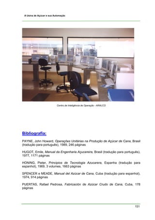 A Usina de Açúcar e sua Automação




                           Centro de Inteligência de Operação - ARALCO




Bibliografia:
PAYNE, John Howard, Operações Unitárias na Produção de Açúcar de Cana, Brasil
(tradução para português), 1989, 246 páginas

HUGOT, Emile, Manual da Engenharia Açucareira, Brasil (tradução para português),
1977, 1171 páginas

HONING, Pieter, Principios de Tecnologia Azucarera, Espanha (tradução para
espanhol), 1969, 3 volumes, 1663 páginas

SPENCER e MEADE, Manual del Azúcar de Cana, Cuba (tradução para espanhol),
1974, 914 páginas

PUERTAS, Rafael Pedrosa, Fabricación de Azúcar Crudo de Cana, Cuba, 178
páginas




                                                                            151
 