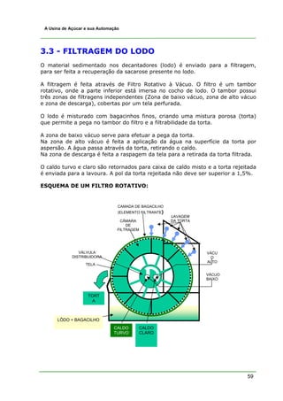 A Usina de Açúcar e sua Automação




3.3 - FILTRAGEM DO LODO
O material sedimentado nos decantadores (lodo) é enviado para a filtragem,
para ser feita a recuperação da sacarose presente no lodo.

A filtragem é feita através de Filtro Rotativo à Vácuo. O filtro é um tambor
rotativo, onde a parte inferior está imersa no cocho de lodo. O tambor possui
três zonas de filtragens independentes (Zona de baixo vácuo, zona de alto vácuo
e zona de descarga), cobertas por um tela perfurada.

O lodo é misturado com bagacinhos finos, criando uma mistura porosa (torta)
que permite a pega no tambor do filtro e a filtrabilidade da torta.

A zona de baixo vácuo serve para efetuar a pega da torta.
Na zona de alto vácuo é feita a aplicação da água na superfície da torta por
aspersão. A água passa através da torta, retirando o caldo.
Na zona de descarga é feita a raspagem da tela para a retirada da torta filtrada.

O caldo turvo e claro são retornados para caixa de caldo misto e a torta rejeitada
é enviada para a lavoura. A pol da torta rejeitada não deve ser superior a 1,5%.

ESQUEMA DE UM FILTRO ROTATIVO:


                                 CAMADA DE BAGACILHO
                                 (ELEMENTO FILTRANTE)
                                                        LAVAGEM
                                  CÂMARA                DA TORTA
                                     DE
                                 FILTRAGEM




                VÁLVULA                                            VÁCU
             DISTRIBUIDORA                                           O
                                                                   ALTO
                   TELA

                                                                   VÁCUO
                                                                   BAIXO



                    TORT
                      A



      LÔDO + BAGACILHO
                               CALDO         CALDO
                               TURVO         CLARO




                                                                              59
 