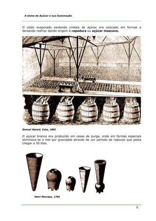 A Usina de Açúcar e sua Automação



O caldo evaporado contendo cristais de açúcar era colocado em formas e
deixando resfriar dando origem à rapadura ou açúcar mascavo.




Samuel Hazard, Cuba, 1865

O açúcar branco era produzido em casas de purga, onde em formas especiais
eliminava-se o mel por gravidade através de um período de repouso que podia
chegar a 50 dias.




         Henri Monceau, 1764



                                                                       6
 