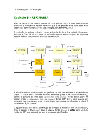 101
A Usina de Açúcar e sua Automação
Capitulo 5 - REFINARIA
Afim de produzir um açúcar comercial com melhor preço e mais aceitação do
mercado, é produzido o Açúcar Refinado, que é um produto mais puro, com mais
sacarose e com melhor aspecto (polarização, cor, tamanho, etc.).
A produção do açúcar refinado requer a dissolução do açúcar cristal (demerara,
VHP ou açúcar B). O processo de refinação possui várias etapas. O esquema
abaixo, mostra um processo clássico de refinação.
A afinação consiste na extração da película de mel que envolve a superfície do
cristal. O cristal em si consiste em uma sacarose quase pura (maior de 99,5%),
porem a película de mel pode apresentar uma pureza muito baixa (60o
). O
açúcar cristal é misturado com um xarope denso (75o
brix), para depois ser
separado nas centrifugas, uma vez eliminado este xarope na afinação, o cristal é
lavado com água quente.
O açúcar lavado que saí da centrifuga de afinação é dissolvido em um derretidor,
onde o açúcar é diluído com água e vapor, dando origem a calda com um brix
médio de 65o
, que passará por um processo de clarificação.
SEPARAÇÃO
DO REFINADO
CENTRIFUGAS
DE AFINAÇÃO
TRATAMENTO
DA CALDA
MISTURADOR
AÇÚCAR E MEL DERRETIDOR
CLARIFICAÇÃO
DA CALDA
CLARIFIDORES
DE ESPUMA
FILTRAGEM
DA CALDA
REFINADO AMORFO
MASSA
MEL
CALDA DILUÍDA
VAPO
R
AÇÚCAR
LAVADO
CALDA TRATADA
ESPUMA
AÇÚCAR
TORTA
AÇUCAR CRISTAL
VAPOR
REFINARIA
DE AMORFO
COZIMENT
O
DE REFINO
REFINADO
ÁGUA
DOCE
AÇÚCAR
MEL
ÁGUA
 